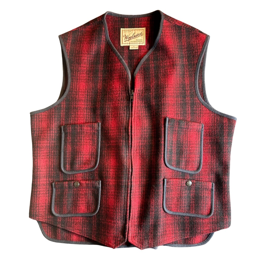 Woolrich Buffalo Plaid Wool Vest Mens L Red Black Vintage Cinch Back USA Made